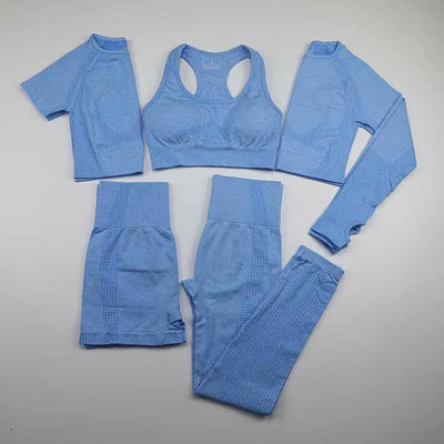 5 daļīgs Vital bezšuvju jogas komplekts sieviešu treniņiem, sporta apģērbi, sporta zāles apģērbi ar īsām/garām piedurknēm apgrieztu augšdaļu ar augstu vidukli, legingi, sporta tērpu