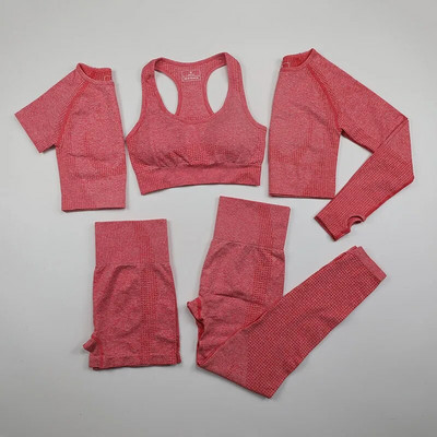 5 daļīgs Vital bezšuvju jogas komplekts sieviešu treniņiem, sporta apģērbi, sporta zāles apģērbi ar īsām/garām piedurknēm apgrieztu augšdaļu ar augstu vidukli, legingi, sporta tērpu