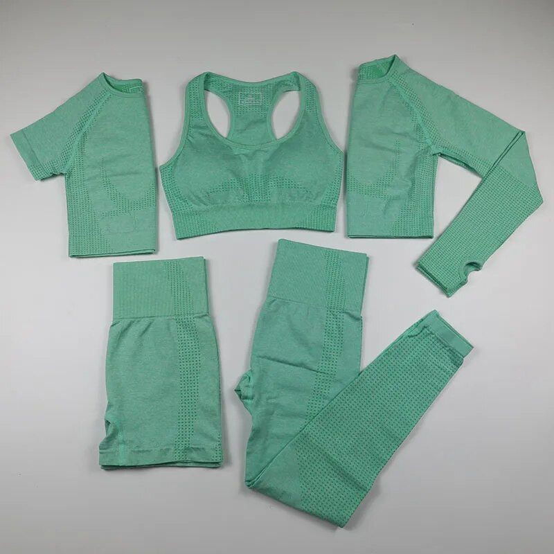 5 daļīgs Vital bezšuvju jogas komplekts sieviešu treniņiem, sporta apģērbi, sporta zāles apģērbi ar īsām/garām piedurknēm apgrieztu augšdaļu ar augstu vidukli, legingi, sporta tērpu