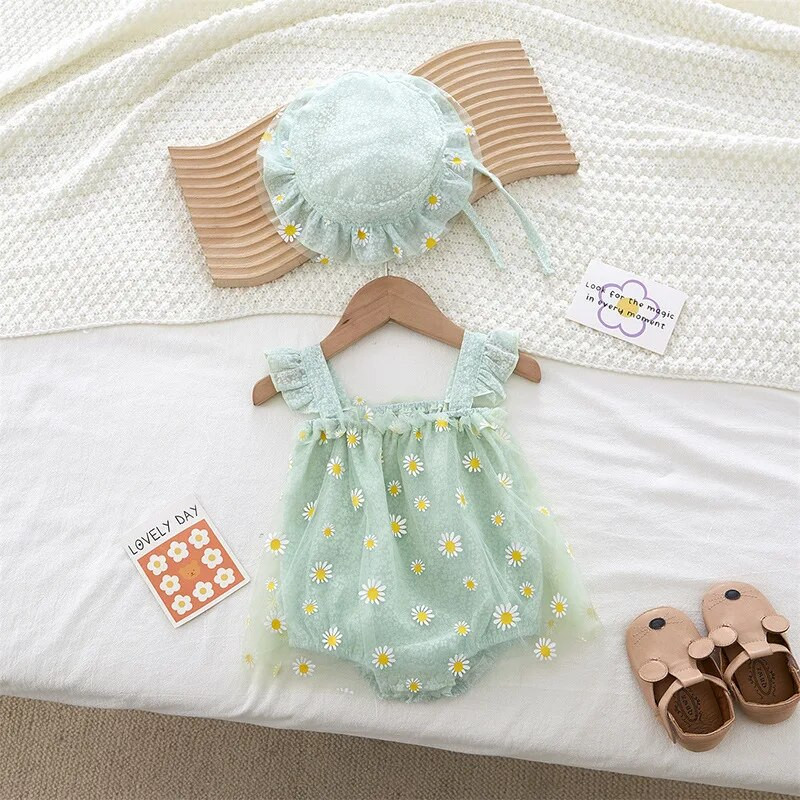 Vasaras meiteņu rombiņas bez piedurknēm margrietiņas princeses bērnu tērps 0-2T rombiņas + cepures tērpi zīdaiņu apģērbs