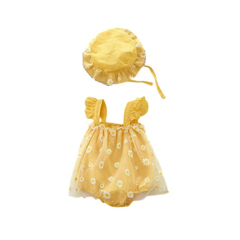 Vasaras meiteņu rombiņas bez piedurknēm margrietiņas princeses bērnu tērps 0-2T rombiņas + cepures tērpi zīdaiņu apģērbs