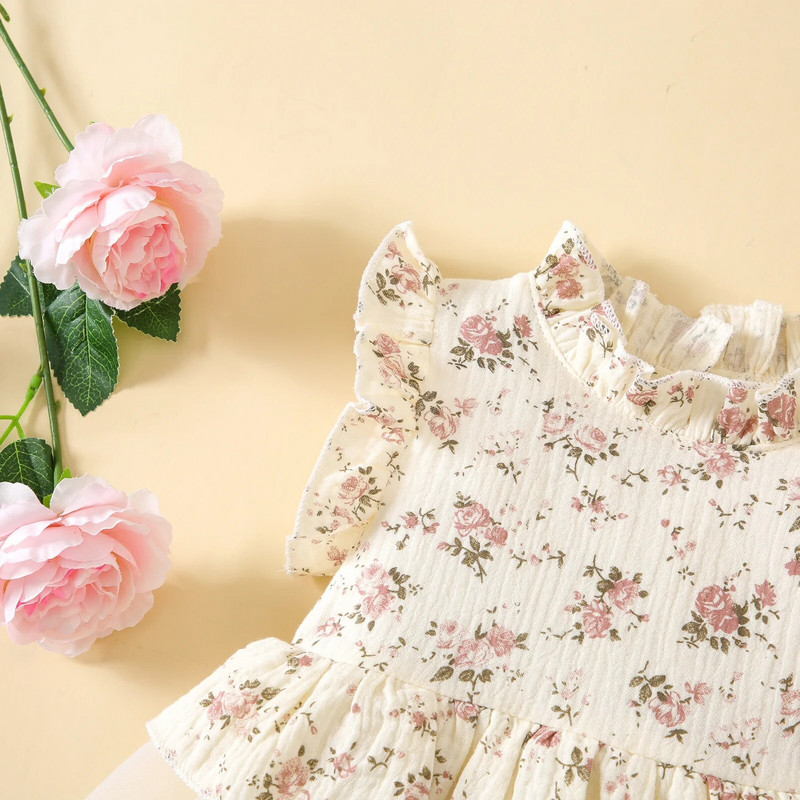 Jaundzimušo meiteņu puķes, sieta bodiji, kleita, 2023. gada vasaras šorti, piedurknes Princese ar augstu kakla kokvilnas rožu apdruku, tilla rombveida svārki