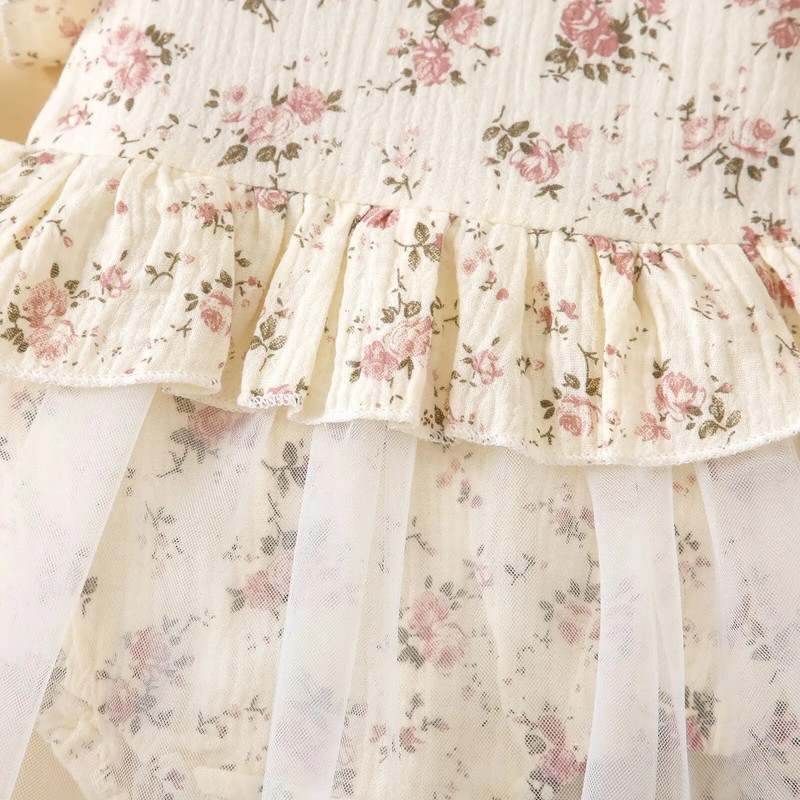 Jaundzimušo meiteņu puķes, sieta bodiji, kleita, 2023. gada vasaras šorti, piedurknes Princese ar augstu kakla kokvilnas rožu apdruku, tilla rombveida svārki