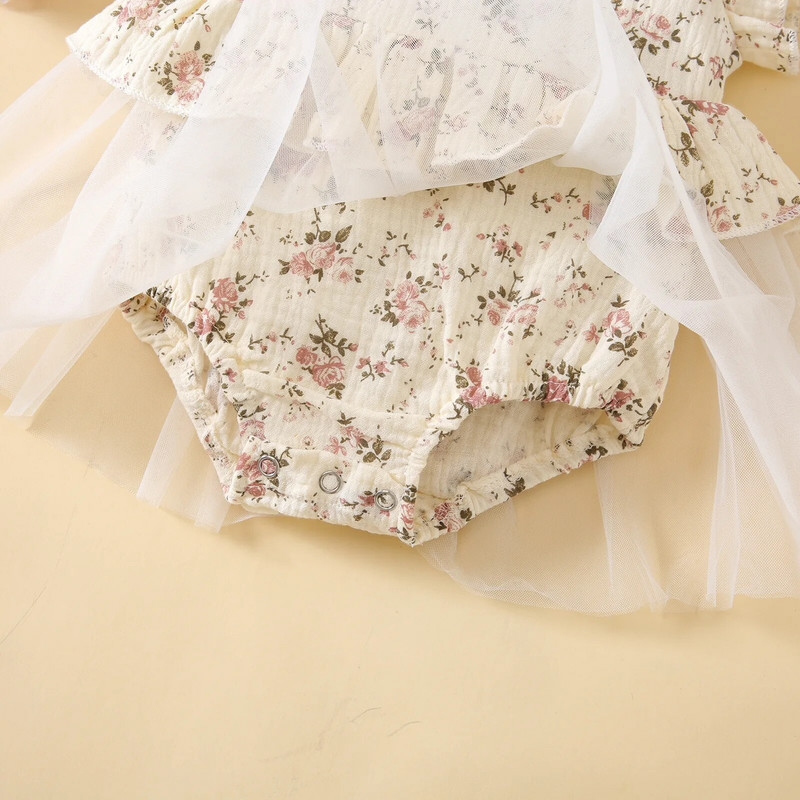 Jaundzimušo meiteņu puķes, sieta bodiji, kleita, 2023. gada vasaras šorti, piedurknes Princese ar augstu kakla kokvilnas rožu apdruku, tilla rombveida svārki