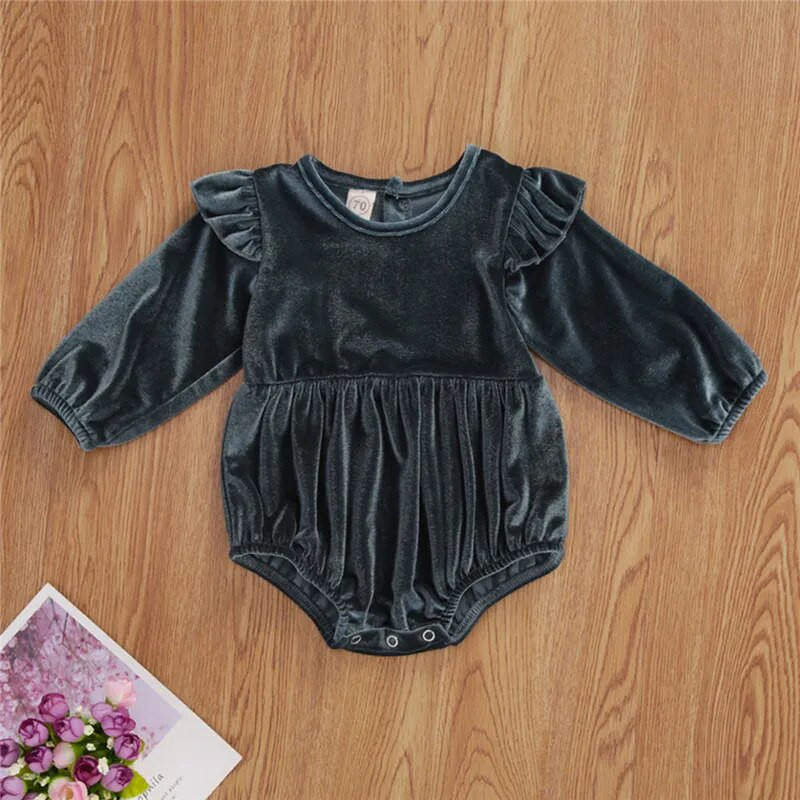 5 krāsu zīdaiņu apģērbi Pavasara rudens Jaundzimušo zīdaiņu meiteņu volāni Samta garās piedurknes pogai, džemperi, kombinezoni viengabalaini