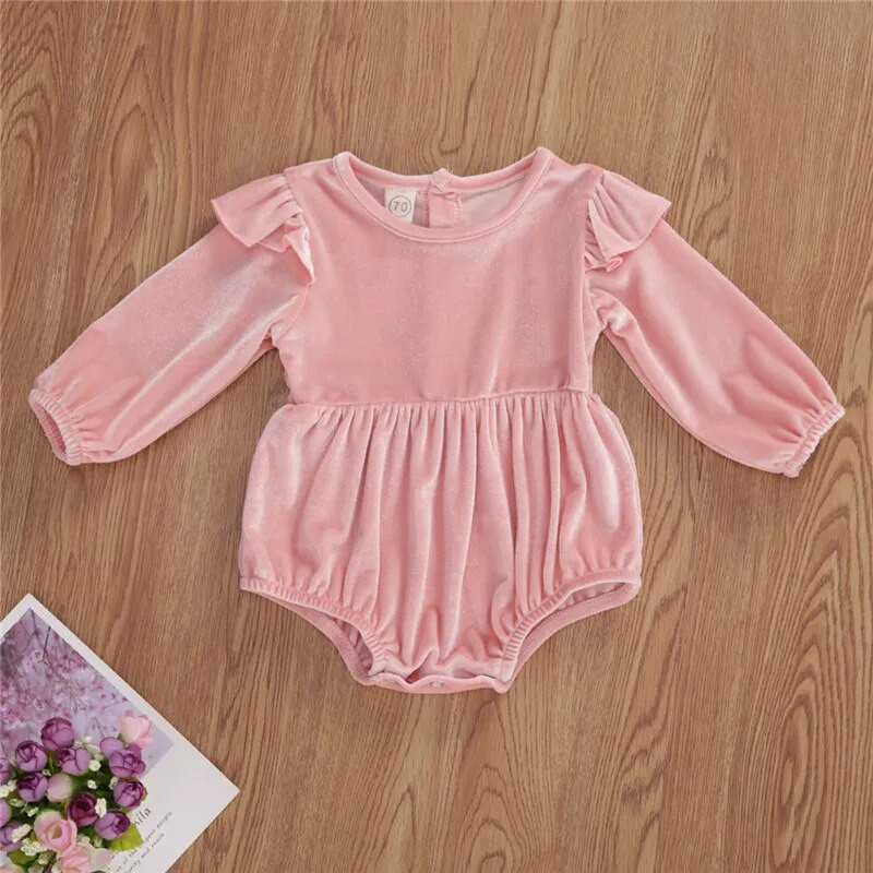 5 krāsu zīdaiņu apģērbi Pavasara rudens Jaundzimušo zīdaiņu meiteņu volāni Samta garās piedurknes pogai, džemperi, kombinezoni viengabalaini