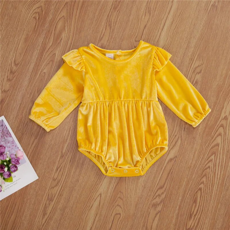 5 krāsu zīdaiņu apģērbi Pavasara rudens Jaundzimušo zīdaiņu meiteņu volāni Samta garās piedurknes pogai, džemperi, kombinezoni viengabalaini