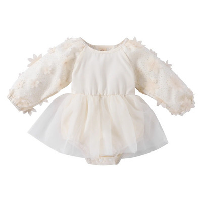 2023 m. rudens kūdikių mergaičių tekstūros gėlių šliaužtinukai ilgomis rankovėmis, gėlės blizgučiai, tinkliniai princesės tutu, vientisi kūdikių kostiumai