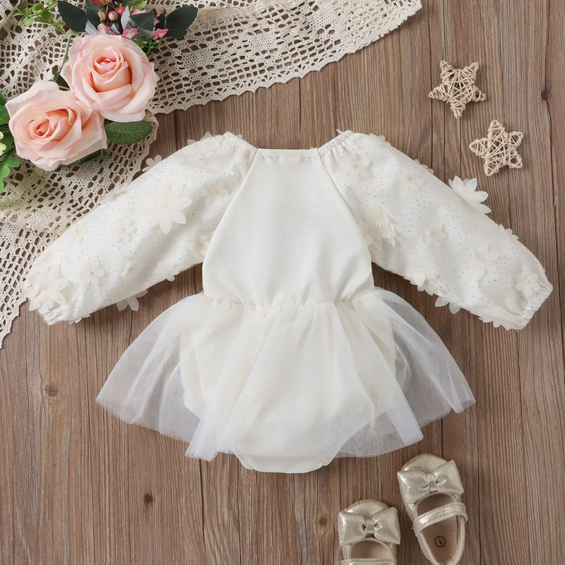 2023 m. rudens kūdikių mergaičių tekstūros gėlių šliaužtinukai ilgomis rankovėmis, gėlės blizgučiai, tinkliniai princesės tutu, vientisi kūdikių kostiumai