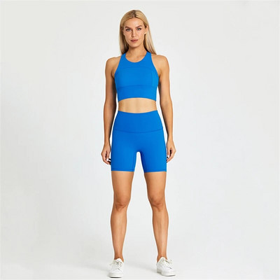 2gab. Vasaras bezšuvju jogas šortu komplekts Sieviešu sporta zāles apģērbi sporta tērpi ar augstu vidukli Mīksti šorti Fitnesa krūšturis skriešanas treniņu komplekts