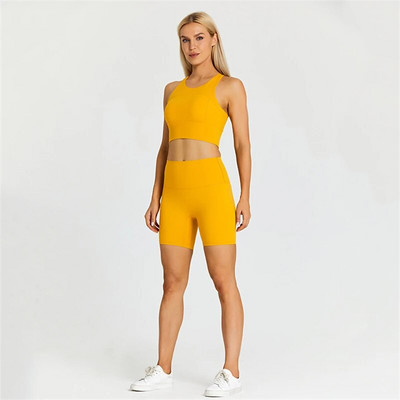 2gab. Vasaras bezšuvju jogas šortu komplekts Sieviešu sporta zāles apģērbi sporta tērpi ar augstu vidukli Mīksti šorti Fitnesa krūšturis skriešanas treniņu komplekts