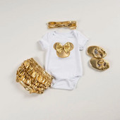 4GAB Zelta meiteņu apģērbu komplekti Karikatūra Rompers Plisētas Šorti Apavi Matu lente Uzvalki jaundzimušo tērpi Apģērbs