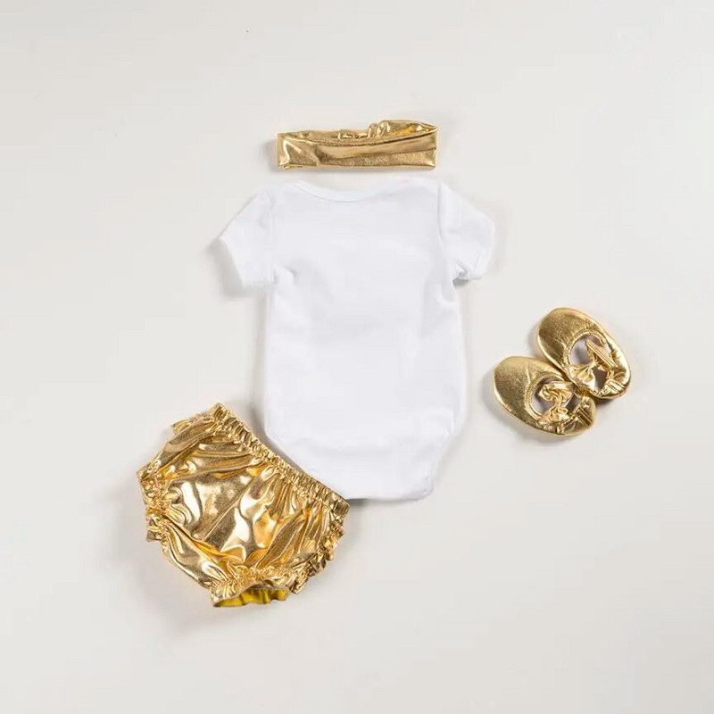 4GAB Zelta meiteņu apģērbu komplekti Karikatūra Rompers Plisētas Šorti Apavi Matu lente Uzvalki jaundzimušo tērpi Apģērbs