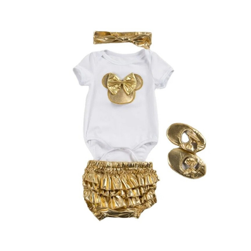 4GAB Zelta meiteņu apģērbu komplekti Karikatūra Rompers Plisētas Šorti Apavi Matu lente Uzvalki jaundzimušo tērpi Apģērbs