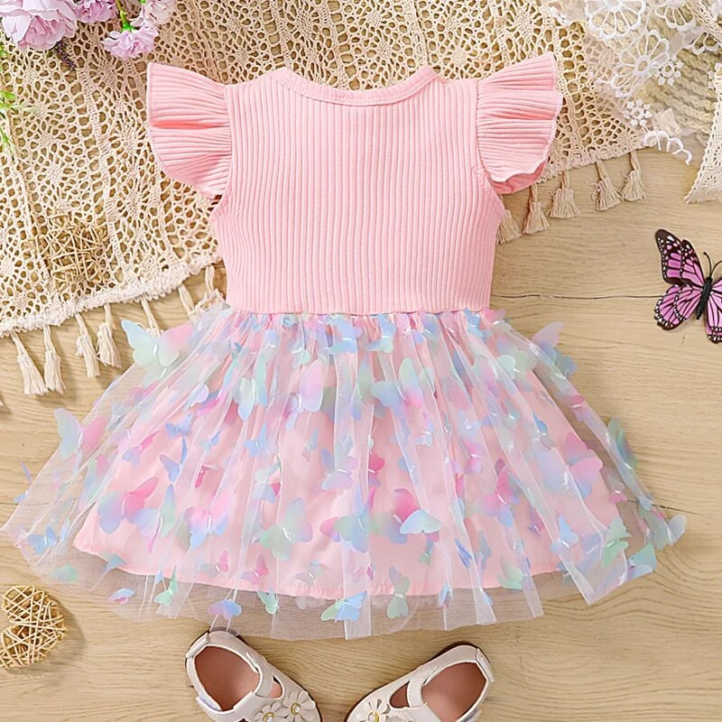 Nova ležerna haljina za djevojke u euro-američkom stilu: slatke haljine od leptir mrežaste pređe s ružičastim prugama, male dužine za ljeto