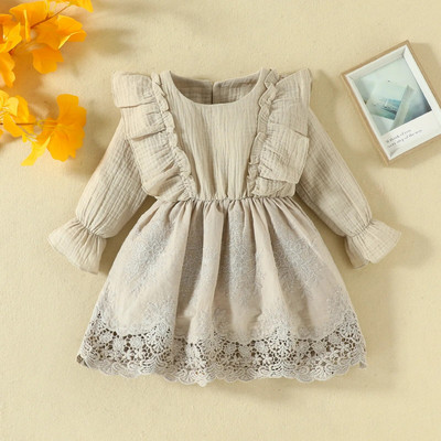 Uued sügisene imikubeebi tüdrukute pitskleit, ühevärviline ümmargune kaelus, soojad pikkade varrukatega kleidid, pitsist volangidega A-kujulised kleidid tüdrukutele