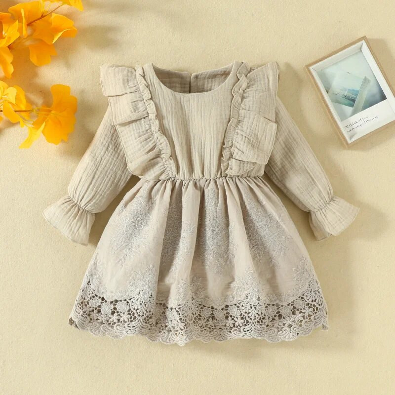 Uued sügisene imikubeebi tüdrukute pitskleit, ühevärviline ümmargune kaelus, soojad pikkade varrukatega kleidid, pitsist volangidega A-kujulised kleidid tüdrukutele