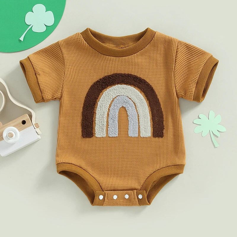 2023. Prekrasne ljetne novorođene bebe Dječaci Djevojčice Vaffle Rompers Odjeća Vez Rainbow Kratkih rukava Kombinezoni s O-izrezom
