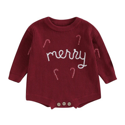Novorođenčad Dječak Djevojčice Božićne pamučne štrample Odjeća Merry Letter Candy Cane Vez Široki pulover Pleteni topli kombinezoni