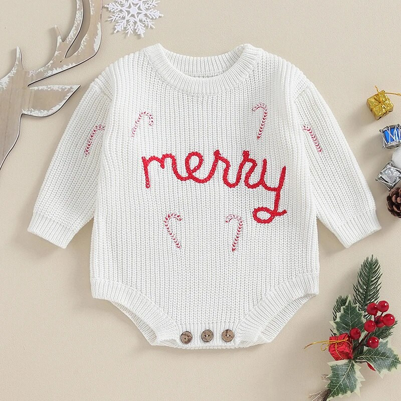 Novorođenčad Dječak Djevojčice Božićne pamučne štrample Odjeća Merry Letter Candy Cane Vez Široki pulover Pleteni topli kombinezoni