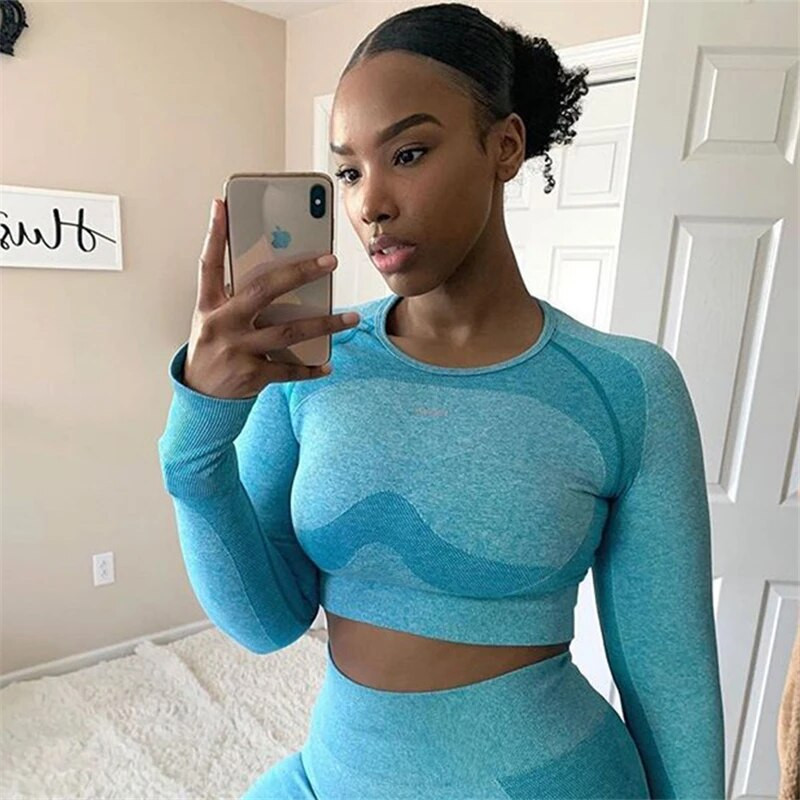 Bešavni sportski set Ženska plava dvodijelna majica kratkih rukava Tajice Odjeća za vježbanje Odijelo za fitness Odjeća za vježbanje Kompleti za jogu