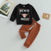 Rudens mazuļu bērnu apģērbu komplekti zīdaiņiem zēniem 0–3 gadu liellopu ar burtiem apdrukāti džemperi ar garām piedurknēm O veida kakla izgriezumu + elastīgas vidukļa kabatas bikses