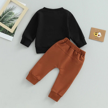 Есенни комплекти дрехи за малки деца, бебета, момчета, 0-3 г. Суитчъри с дълъг ръкав и О-образно деколте с щампа на едър писма + панталони с джоб на ластика на талията