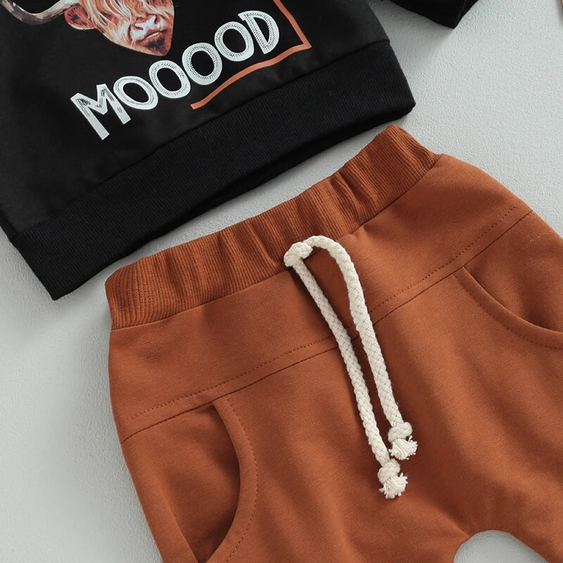 Rudens mazuļu bērnu apģērbu komplekti zīdaiņiem zēniem 0–3 gadu liellopu ar burtiem apdrukāti džemperi ar garām piedurknēm O veida kakla izgriezumu + elastīgas vidukļa kabatas bikses