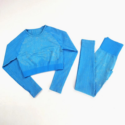 Bezšuvju sporta komplekts sievietēm, 2 gab., divdaļīgs, zils, apgriezts krūšturis, stulpiņi, jogas apģērbi, kostīms, treniņu apģērbs, sporta zāles komplekts, apģērbs