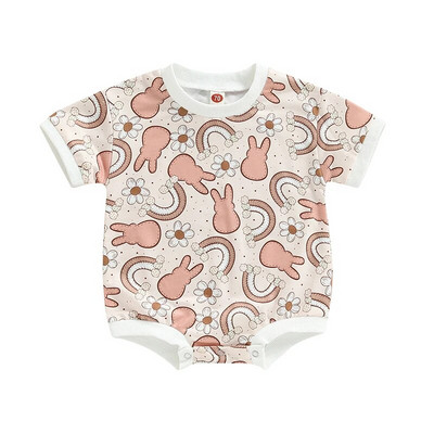 Armas suvine vastsündinud beebitüdrukutele lihavõttepühade püksid Riided Jänese vikerkaaretrükk Lühikeste varrukatega O-kaelusega kombinesoonid Mänguülikonnad Kombinesoonid