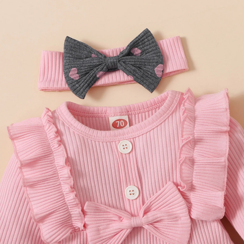 Jesenska odijela s dugim rukavima i dugim rukavima za bebe, majice s volanima + hlače + traka za glavu, 3 kom., ljupki pamučni kompleti odjeće za novorođenčad, odjevne kombinacije za dojenčad