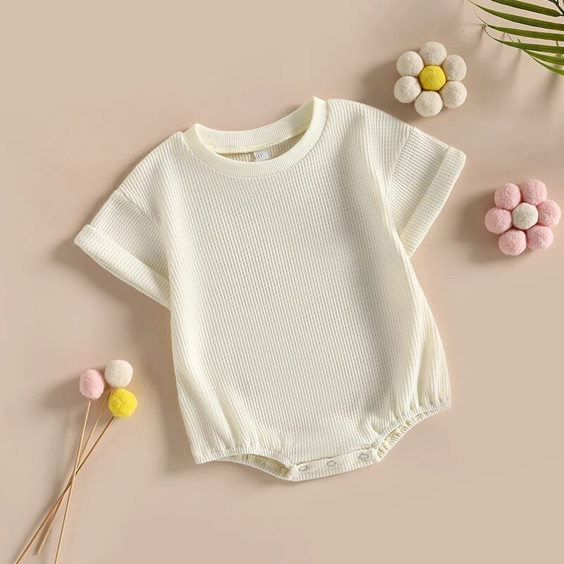 Újszülött Fiúk Lányok Nyári Nyári Ruhák Kisgyermekek Szilárd gofri rövid ujjú O-nyakú Jumpsuitek Játszóruhák Overallok Ruházat