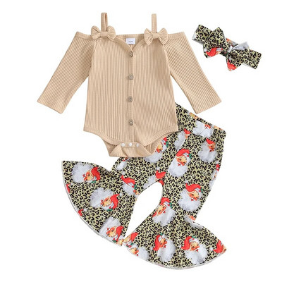 Karácsonyi újszülött kislány ruhakészletek, bordázott vállgombos, hosszú ujjú bodyk + Mikulás mintás flare nadrág ruhák