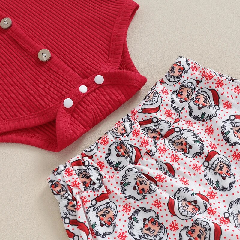 Karácsonyi újszülött kislány ruhakészletek, bordázott vállgombos, hosszú ujjú bodyk + Mikulás mintás flare nadrág ruhák