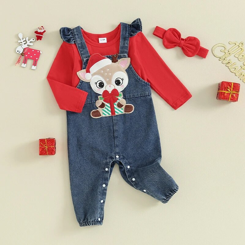 0-18 M bērnu Ziemassvētku kombinezoni, tērpi jaundzimušā zīdaiņa garajām piedurknēm un briežu izšuvumi, zeķturi, džinsa bikses + galvas saite
