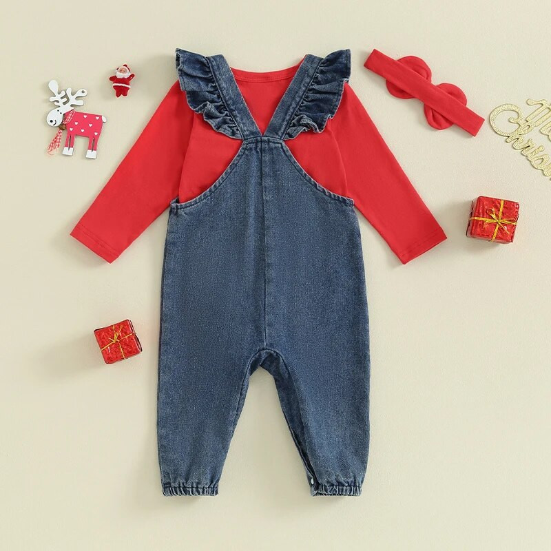 0-18 M bērnu Ziemassvētku kombinezoni, tērpi jaundzimušā zīdaiņa garajām piedurknēm un briežu izšuvumi, zeķturi, džinsa bikses + galvas saite