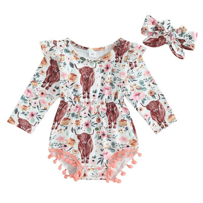 ma&Baby 0-18 M Jaundzimušā zīdaiņa meiteņu rombiņas govs ziedu apdruka ar garām piedurknēm Pom Pom kombinezons, galvas saite, rudens pavasara tērpi D05