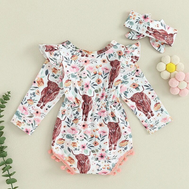 ma&Baby 0-18 M Jaundzimušā zīdaiņa meiteņu rombiņas govs ziedu apdruka ar garām piedurknēm Pom Pom kombinezons, galvas saite, rudens pavasara tērpi D05