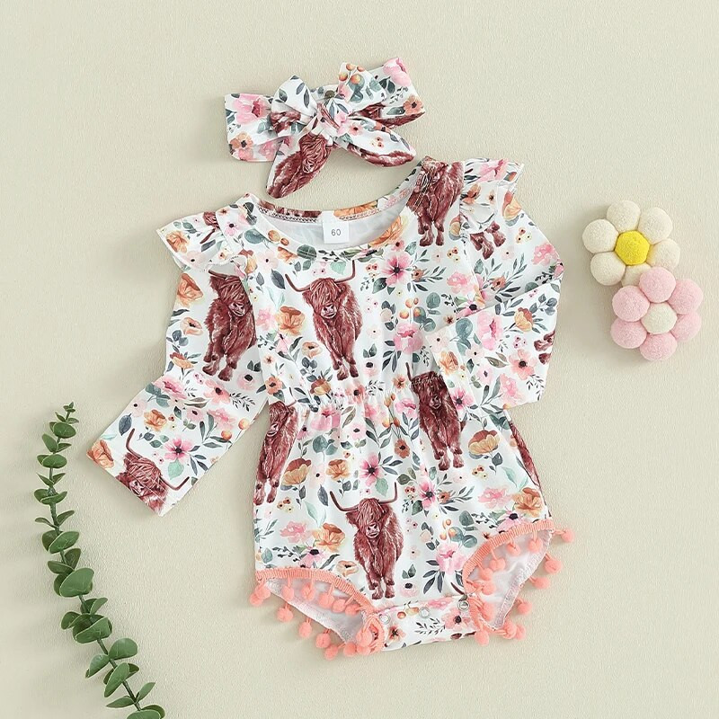 ma&Baby 0-18 M Jaundzimušā zīdaiņa meiteņu rombiņas govs ziedu apdruka ar garām piedurknēm Pom Pom kombinezons, galvas saite, rudens pavasara tērpi D05