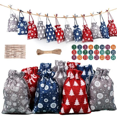 Adventes kalendāra dāvanu maisiņi 2024. gada Jaunais gads 24gab./komplekts Piekarināms Ziemassvētku Adventes maisiņš Candy Dāvanu aukliņu maisiņu skaitīšanas dekors