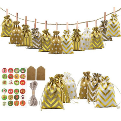 Adventes kalendāra dāvanu maisiņi 2024. gada Jaunais gads 24gab./komplekts Piekarināms Ziemassvētku Adventes maisiņš Candy Dāvanu aukliņu maisiņu skaitīšanas dekors