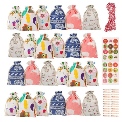 Adventes kalendāra dāvanu maisiņi 2024. gada Jaunais gads 24gab./komplekts Piekarināms Ziemassvētku Adventes maisiņš Candy Dāvanu aukliņu maisiņu skaitīšanas dekors