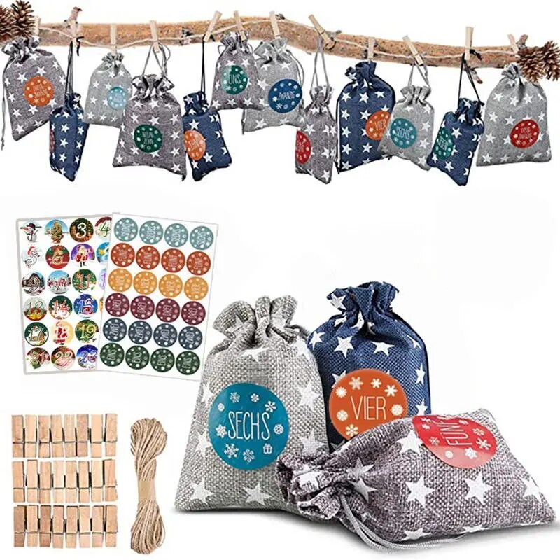 Adventes kalendāra dāvanu maisiņi 2024. gada Jaunais gads 24gab./komplekts Piekarināms Ziemassvētku Adventes maisiņš Candy Dāvanu aukliņu maisiņu skaitīšanas dekors
