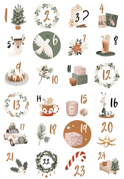 24 gab Ziemassvētku Adventes kalendāra numurs Papīra uzlīmes Ziemassvētku dāvanu uzlīmes Daudzfunkcionāls dāvanu iepakojums Līmes etiķetes Dekors