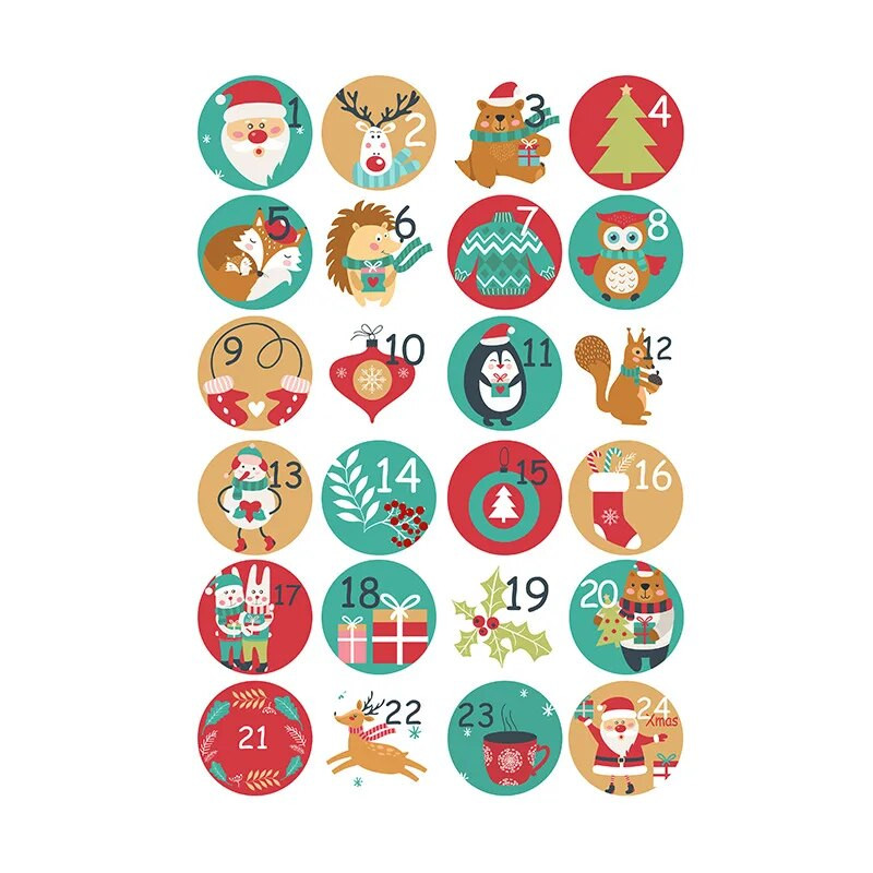 24 gab Ziemassvētku Adventes kalendāra numurs Papīra uzlīmes Ziemassvētku dāvanu uzlīmes Daudzfunkcionāls dāvanu iepakojums Līmes etiķetes Dekors