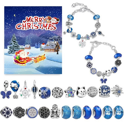24 Days DIY Advent Calendar Κοσμήματα Κουτί δώρου Μπλε κοσμήματα σετ βραχιόλια για κορίτσια Παιδικά 2024 Αντίστροφη μέτρηση Ημερολόγιο Χριστουγέννων