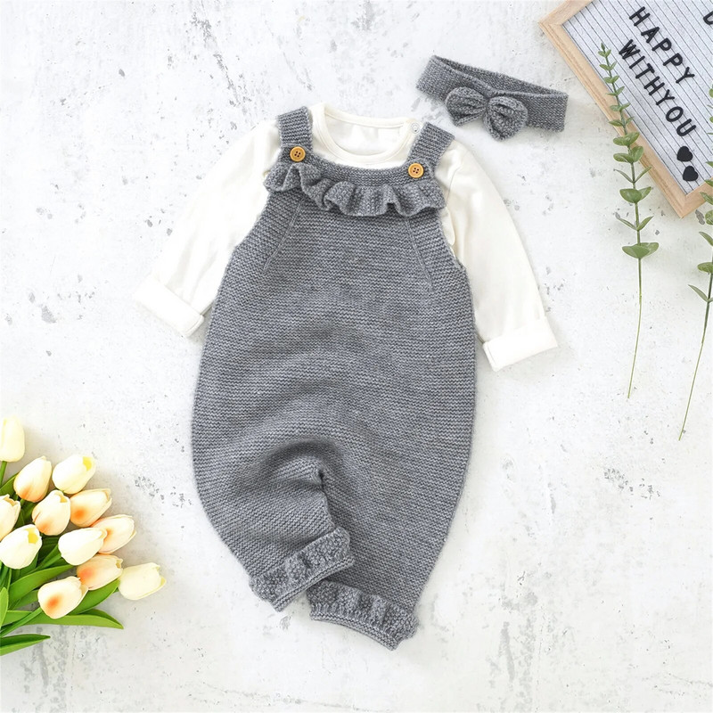 Jednobojni pleteni kombinezon bez rukava s remenkom + traka za glavu za novorođenčad i djevojčicu