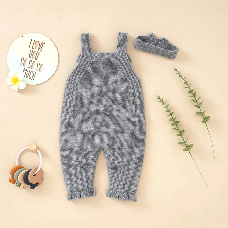 Jednobojni pleteni kombinezon bez rukava s remenkom + traka za glavu za novorođenčad i djevojčicu