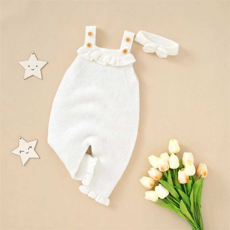 Jednobojni pleteni kombinezon bez rukava s remenkom + traka za glavu za novorođenčad i djevojčicu