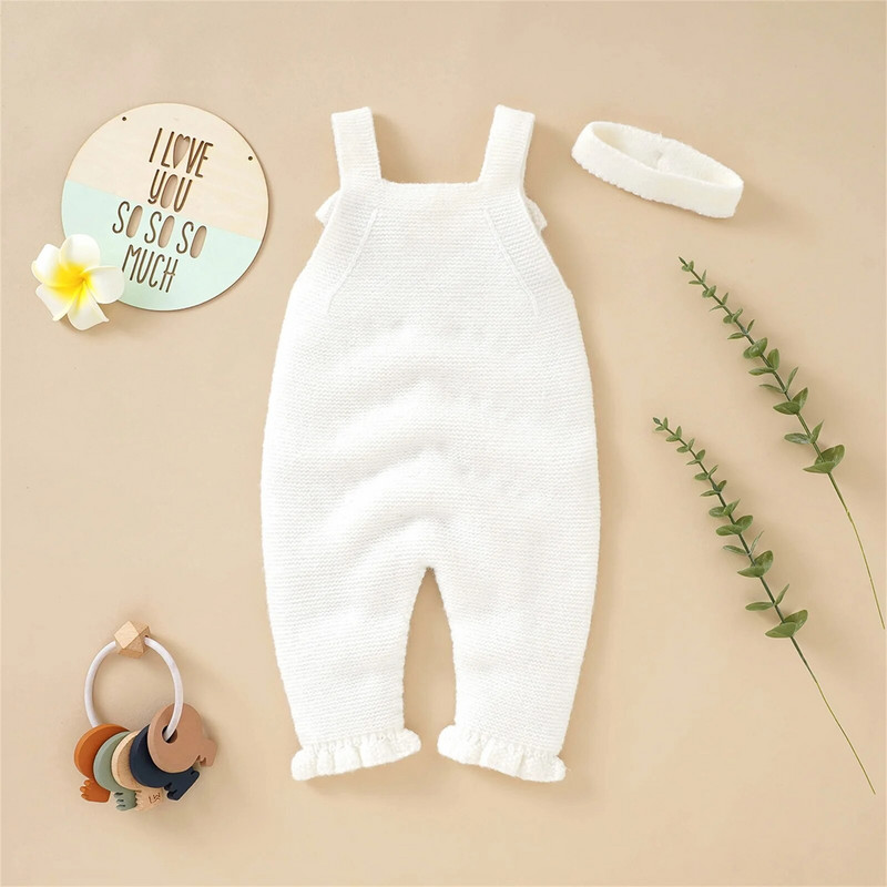 Jednobojni pleteni kombinezon bez rukava s remenkom + traka za glavu za novorođenčad i djevojčicu